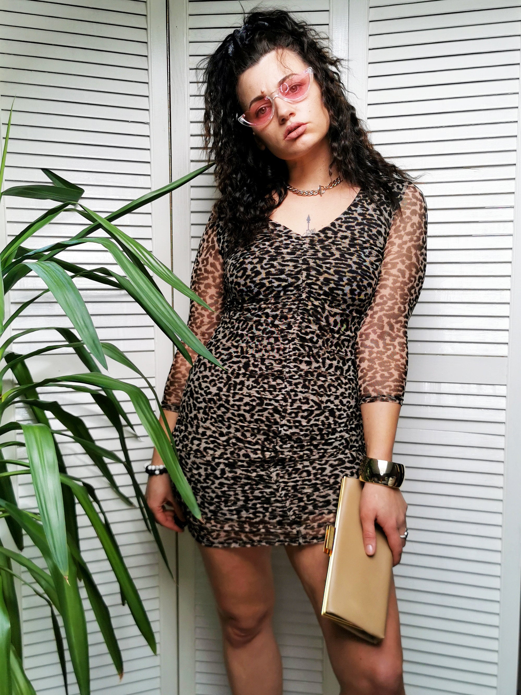 Vintage Y2K animal print mesh mini Party dress