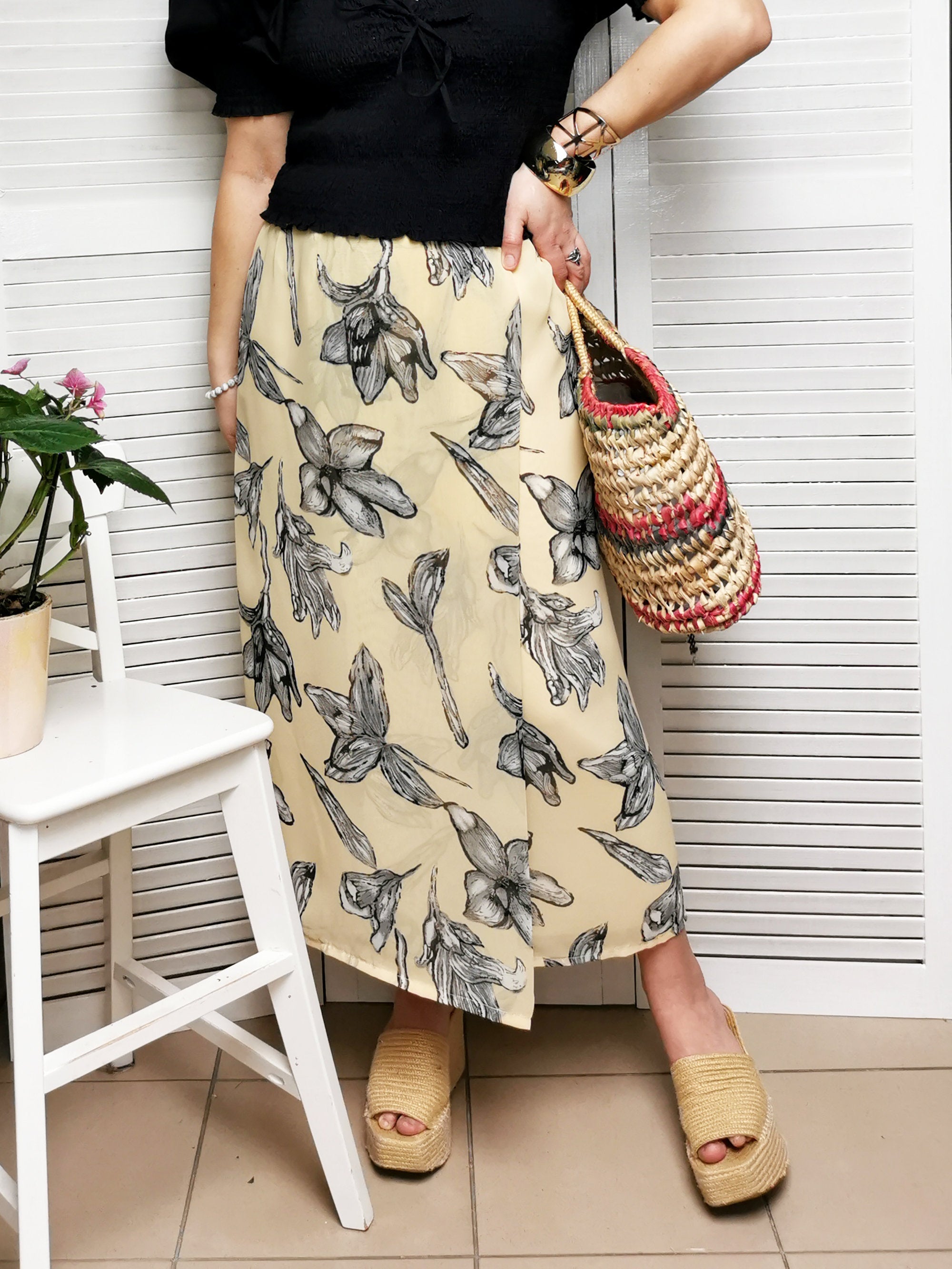 Vintage 90s yellow flower print chiffon maxi summer skirt