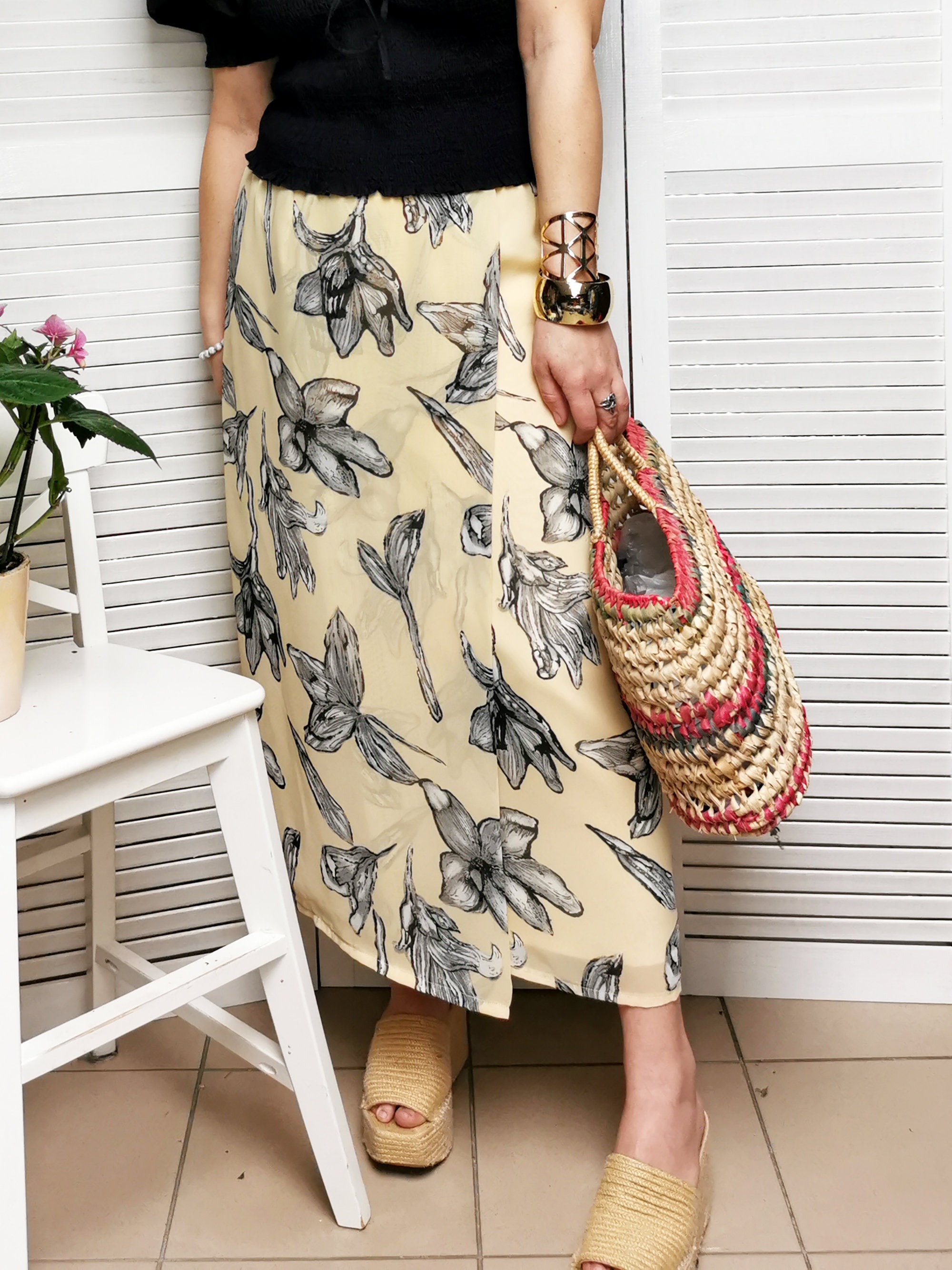 Vintage 90s yellow flower print chiffon maxi summer skirt