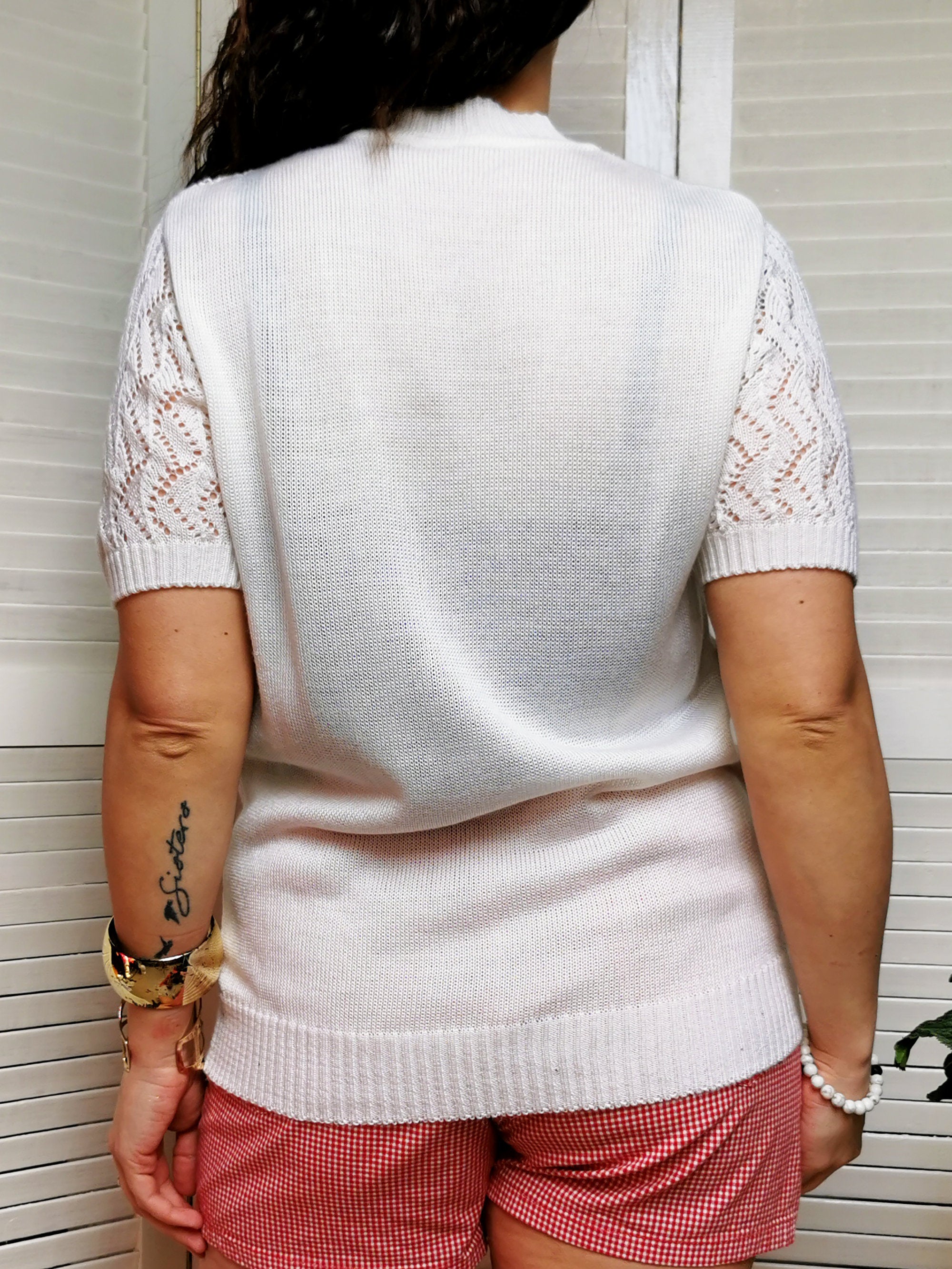 Vintage 80s sheer knit white short sleeve top blouse