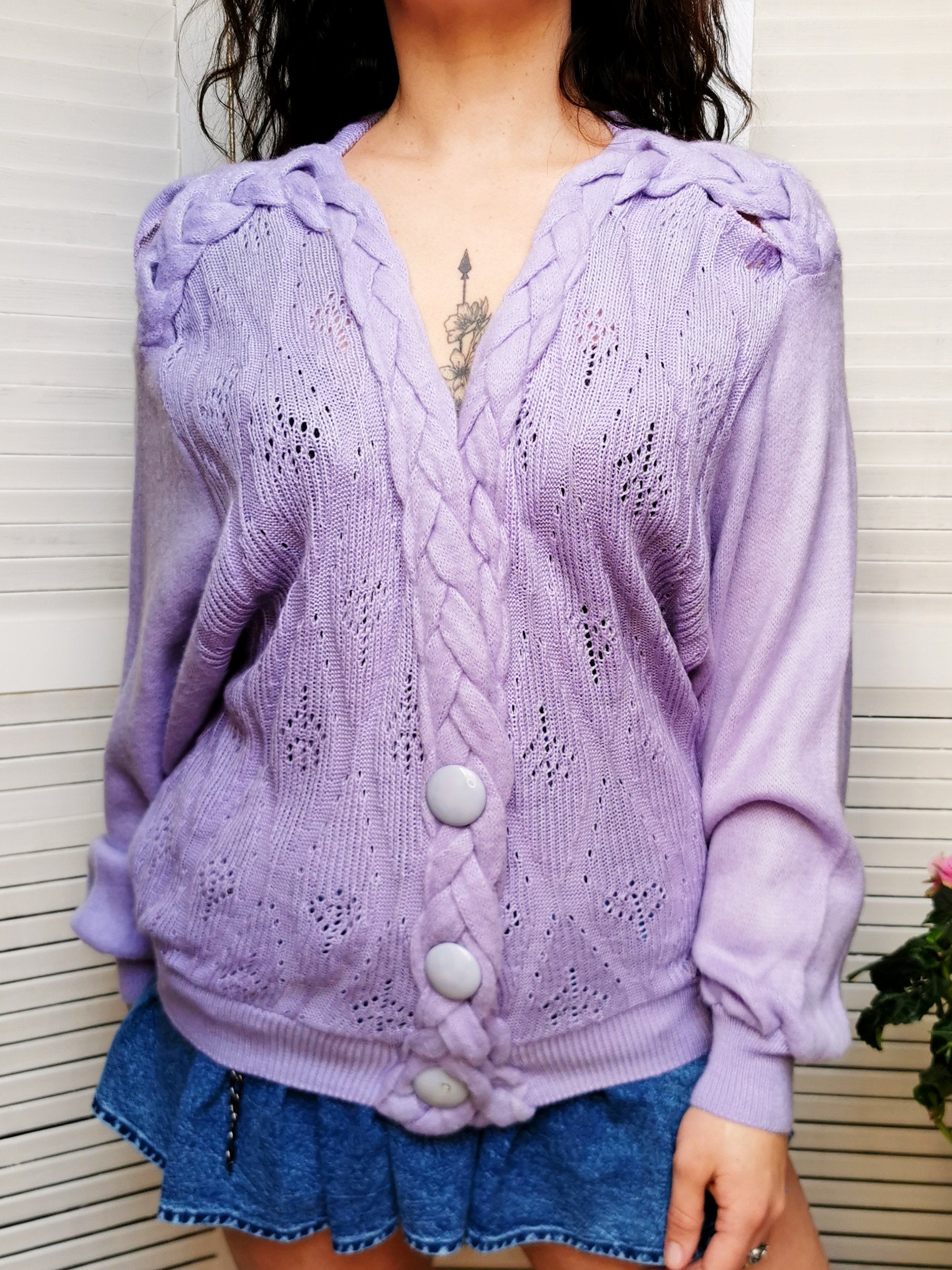 Vintage 80s lilac buttons front cardigan top