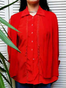 Vintage 80s red sheer sleeve bow collar shirt blouse