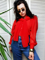 Load image into Gallery viewer, Vintage 80s red sheer sleeve bow collar shirt blouse
