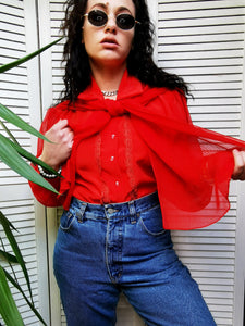 Vintage 80s red sheer sleeve bow collar shirt blouse