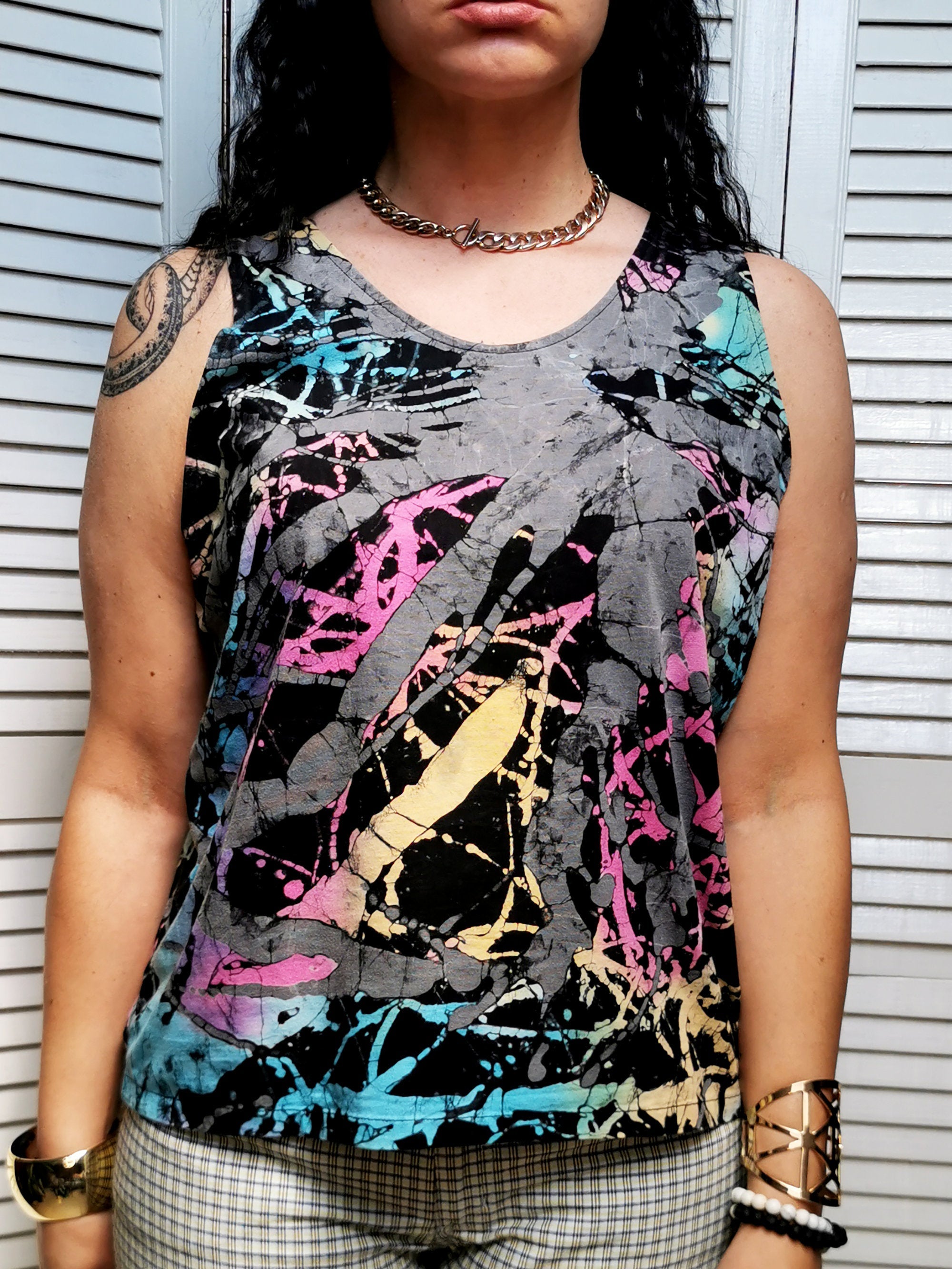 Y2K Vintage abstract dyed cotton sleeveless t-shirt tee