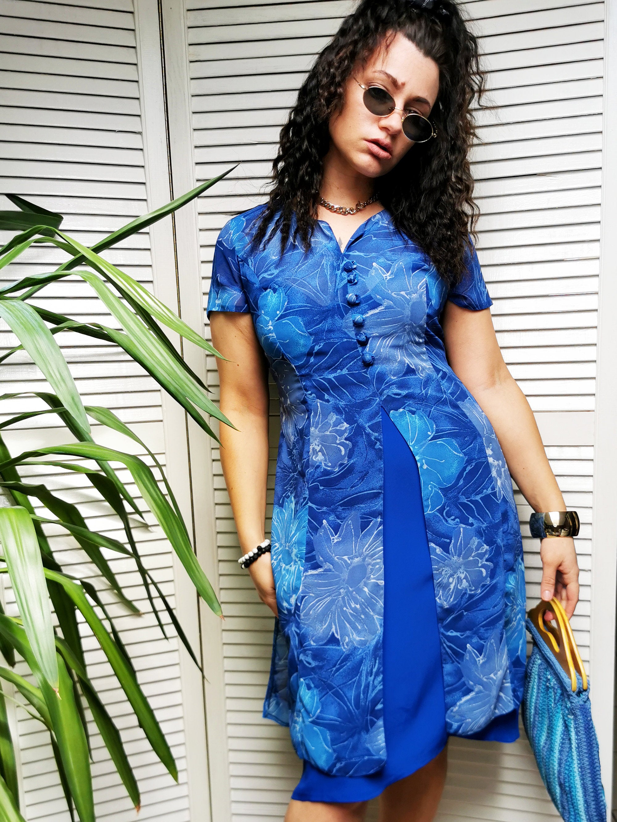 Vintage 80s blue floral double layer summer dress