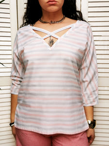 Vintage 90s minimalist pastel striped crossed front top