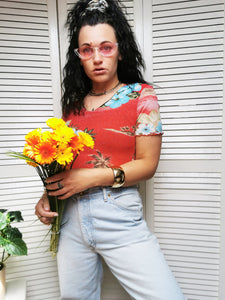 Vintage 90s red Hawaii print mesh tee blouse top