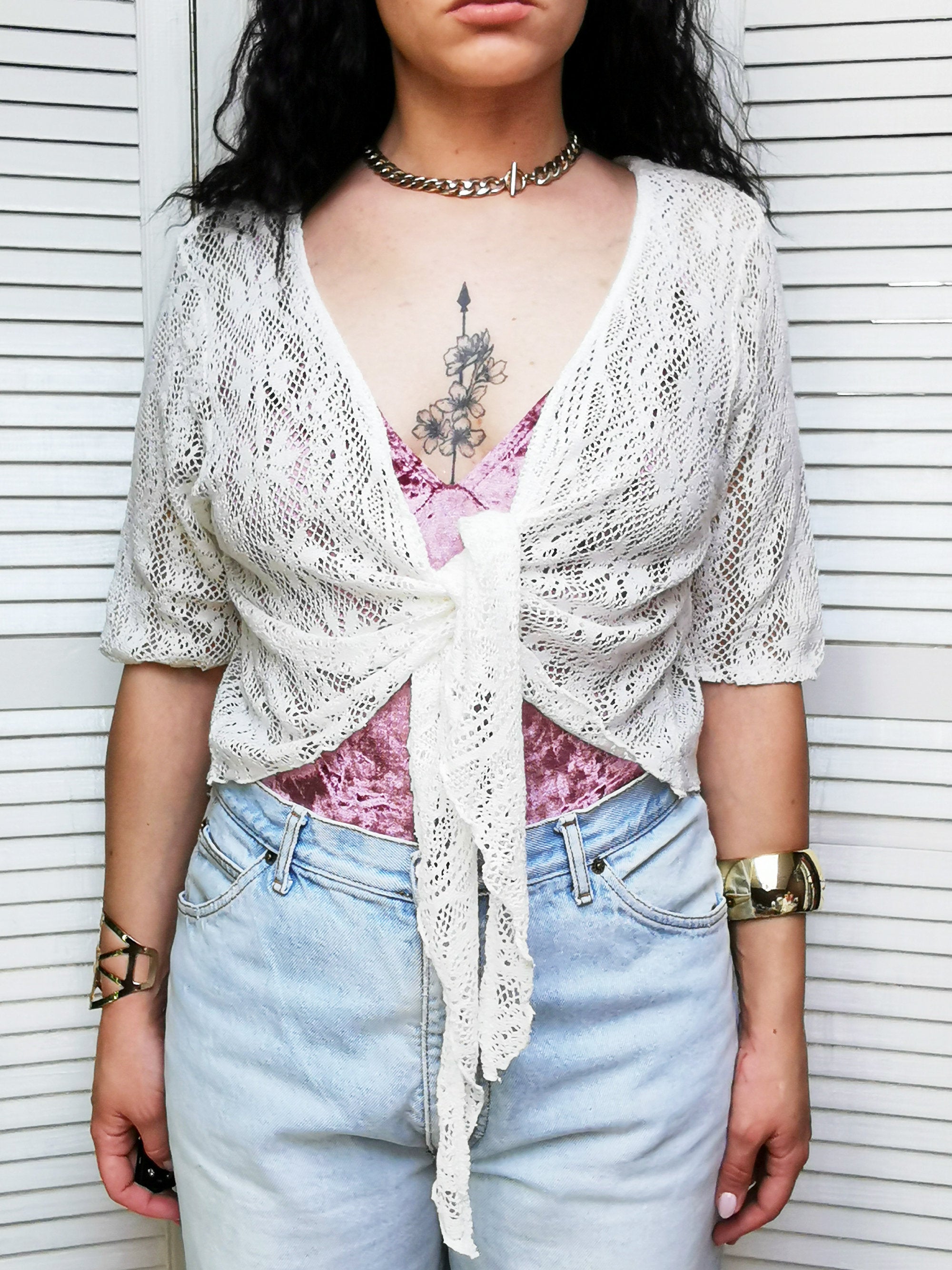 Vintage 90s white sheer knit cropped tie up cardigan top