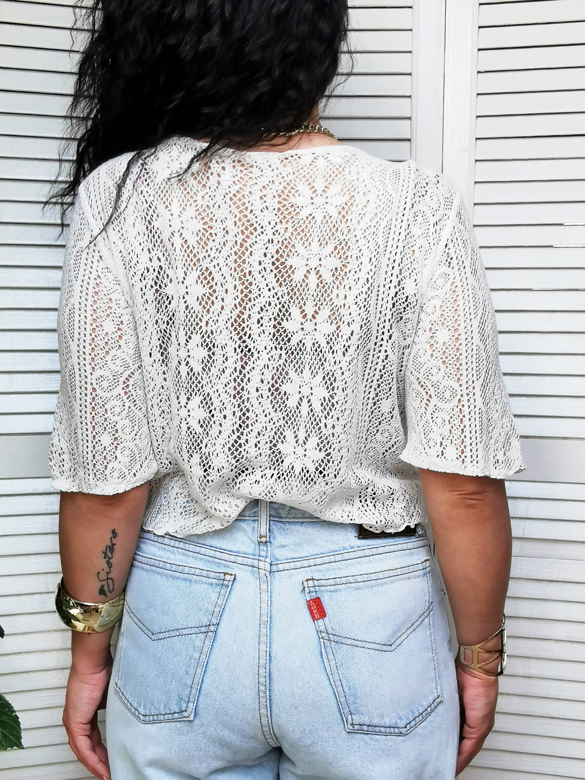 Vintage 90s white sheer knit cropped tie up cardigan top