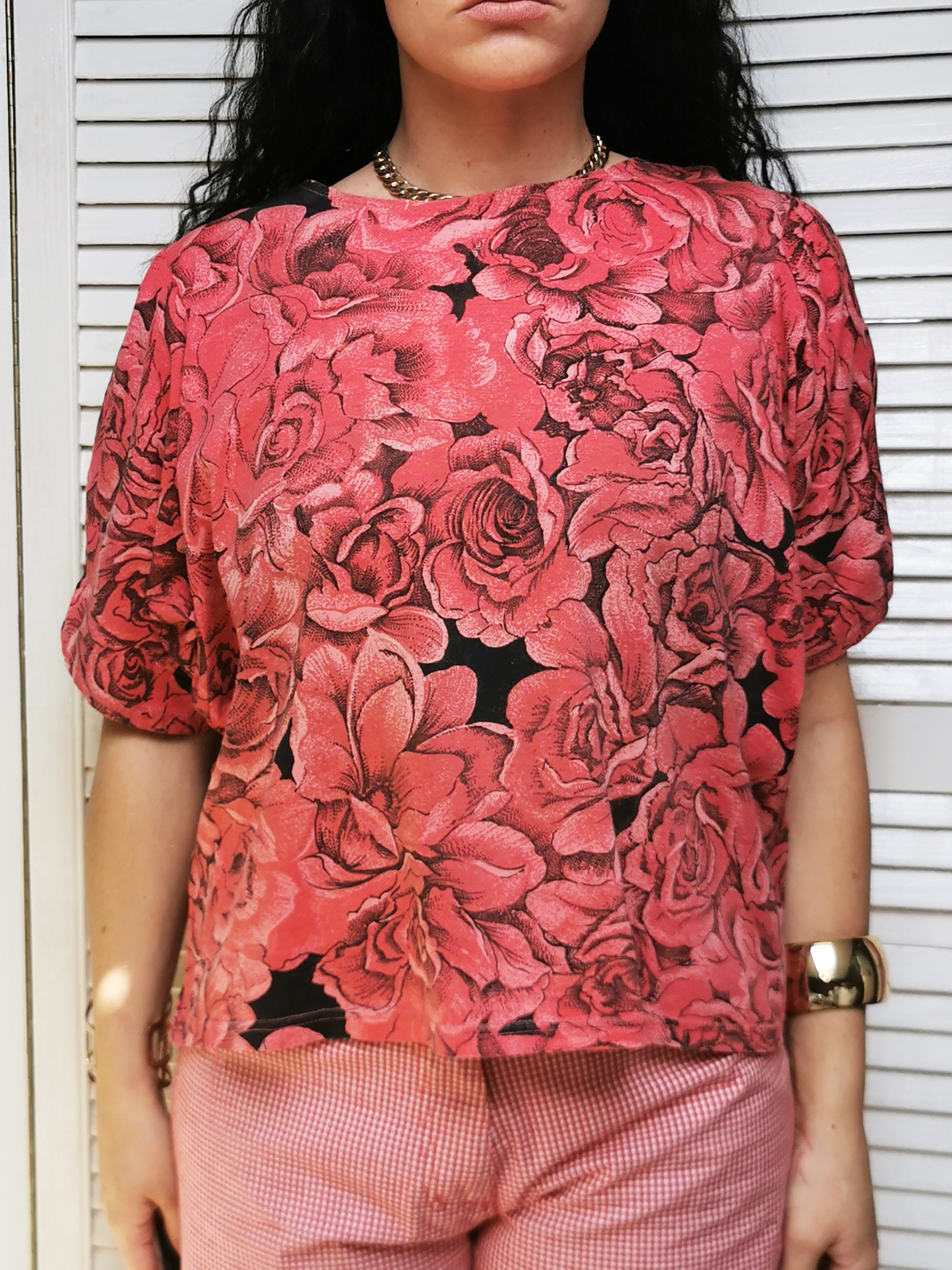 Vintage 80s red Roses print jersey blouse top