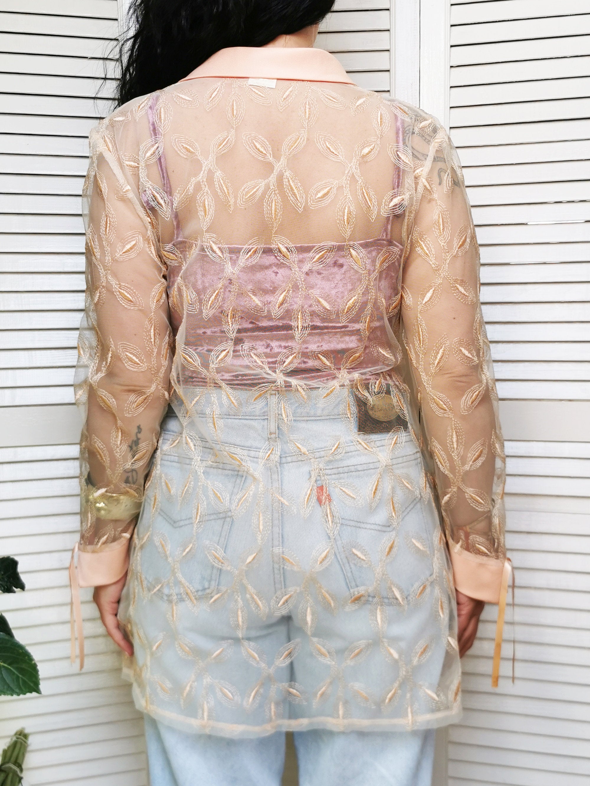 Vintage 80s embroidery long sheer tie front jacket top