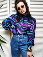 Load image into Gallery viewer, Vintage 80s shimmer striped print long sleeve blouse
