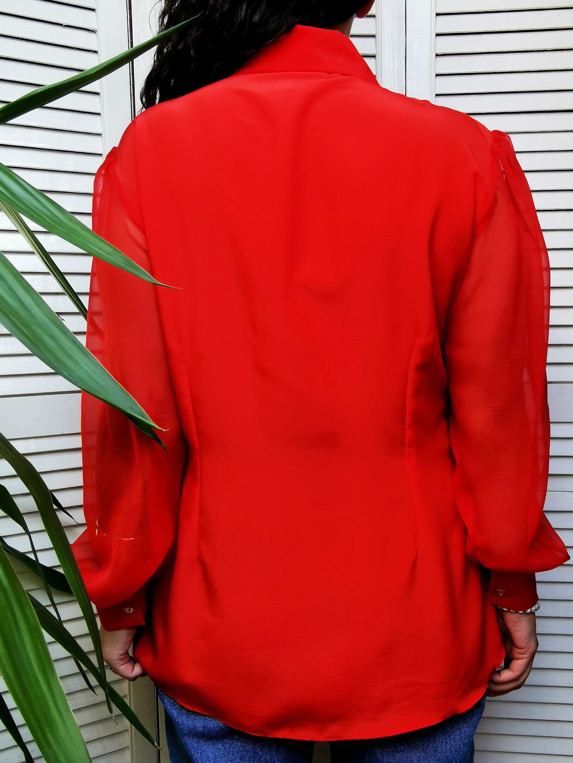 Vintage 80s red sheer sleeve bow collar shirt blouse