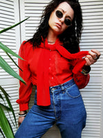 Load image into Gallery viewer, Vintage 80s red sheer sleeve bow collar shirt blouse
