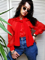 Load image into Gallery viewer, Vintage 80s red sheer sleeve bow collar shirt blouse
