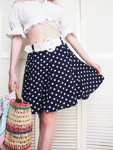 Vintage 80s navy blue polka dot belted mini skirt