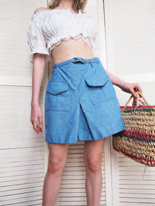 Vintage 70s blue denim-like belted mini skirt