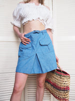 Load image into Gallery viewer, Vintage 70s blue denim-like belted mini skirt
