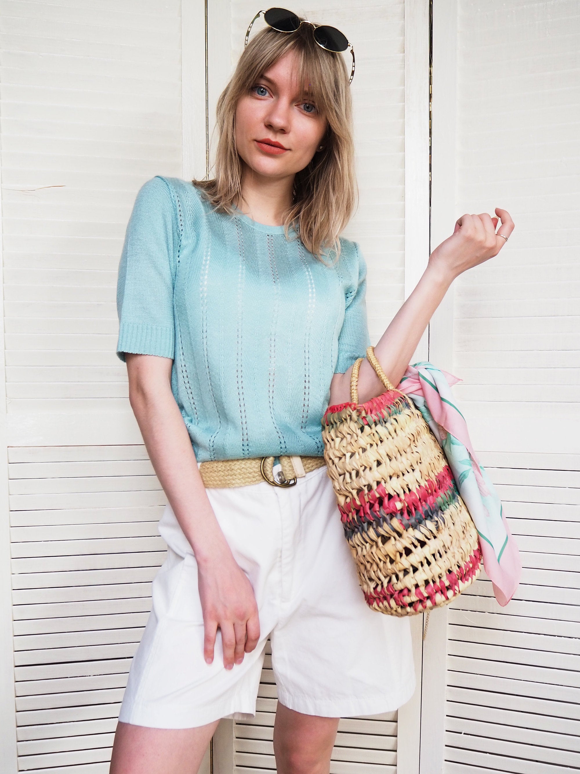 Vintage 80s menthol green knitted short sleeve top