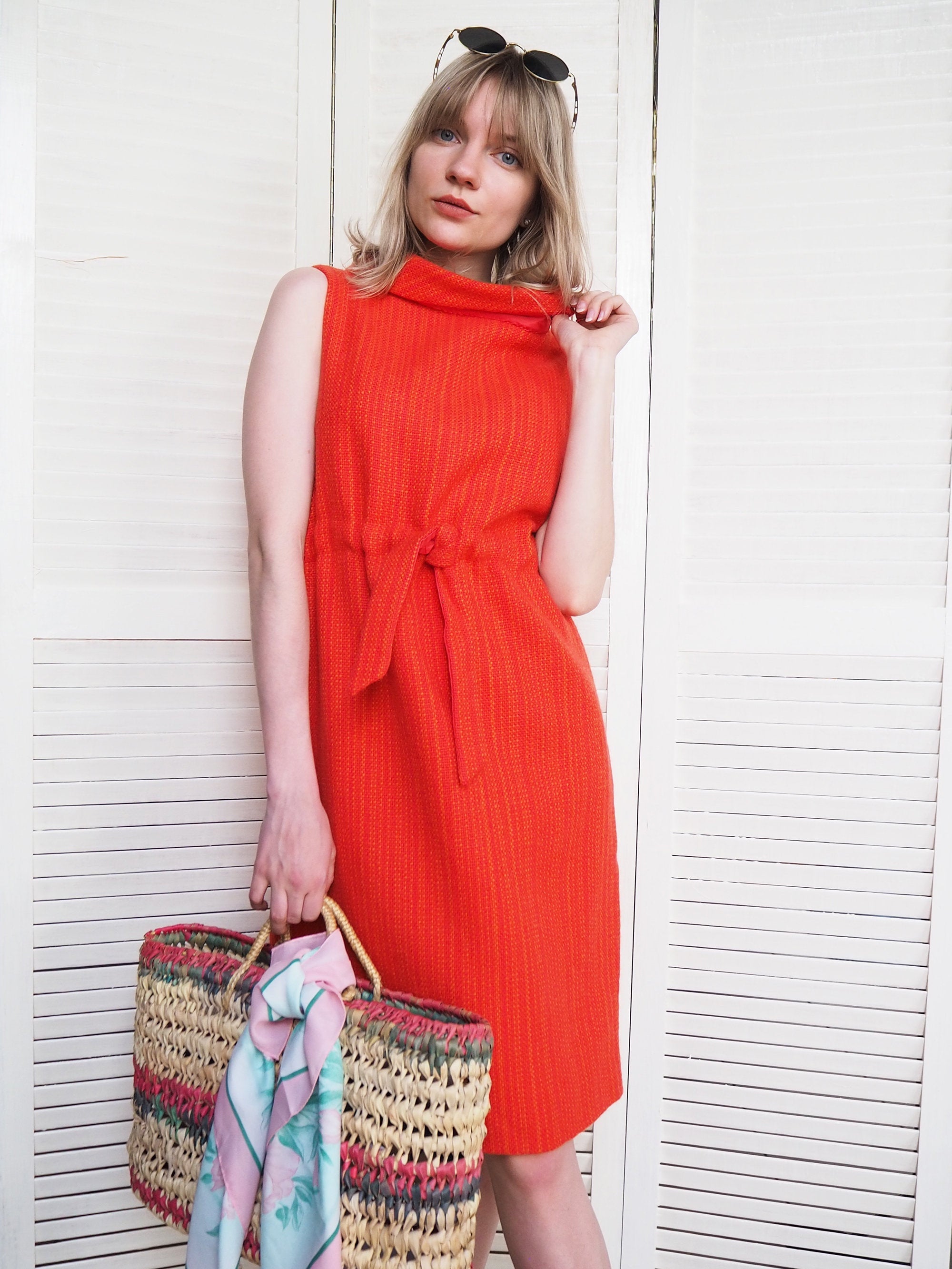 Vintage 80s minimalist woven handmade red dress