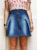 Load image into Gallery viewer, Vintage 90s blue denim pleated Preppy mini skirt
