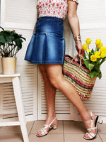 Load image into Gallery viewer, Vintage 90s blue denim pleated Preppy mini skirt
