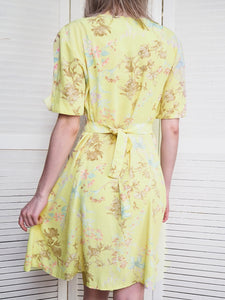 Vintage 80s minimalist floral print pastel yellow dress