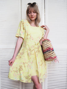 Vintage 80s minimalist floral print pastel yellow dress