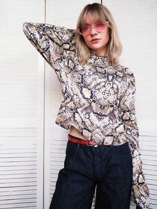 Vintage 90s snake print flare sleeve rollneck top blouse