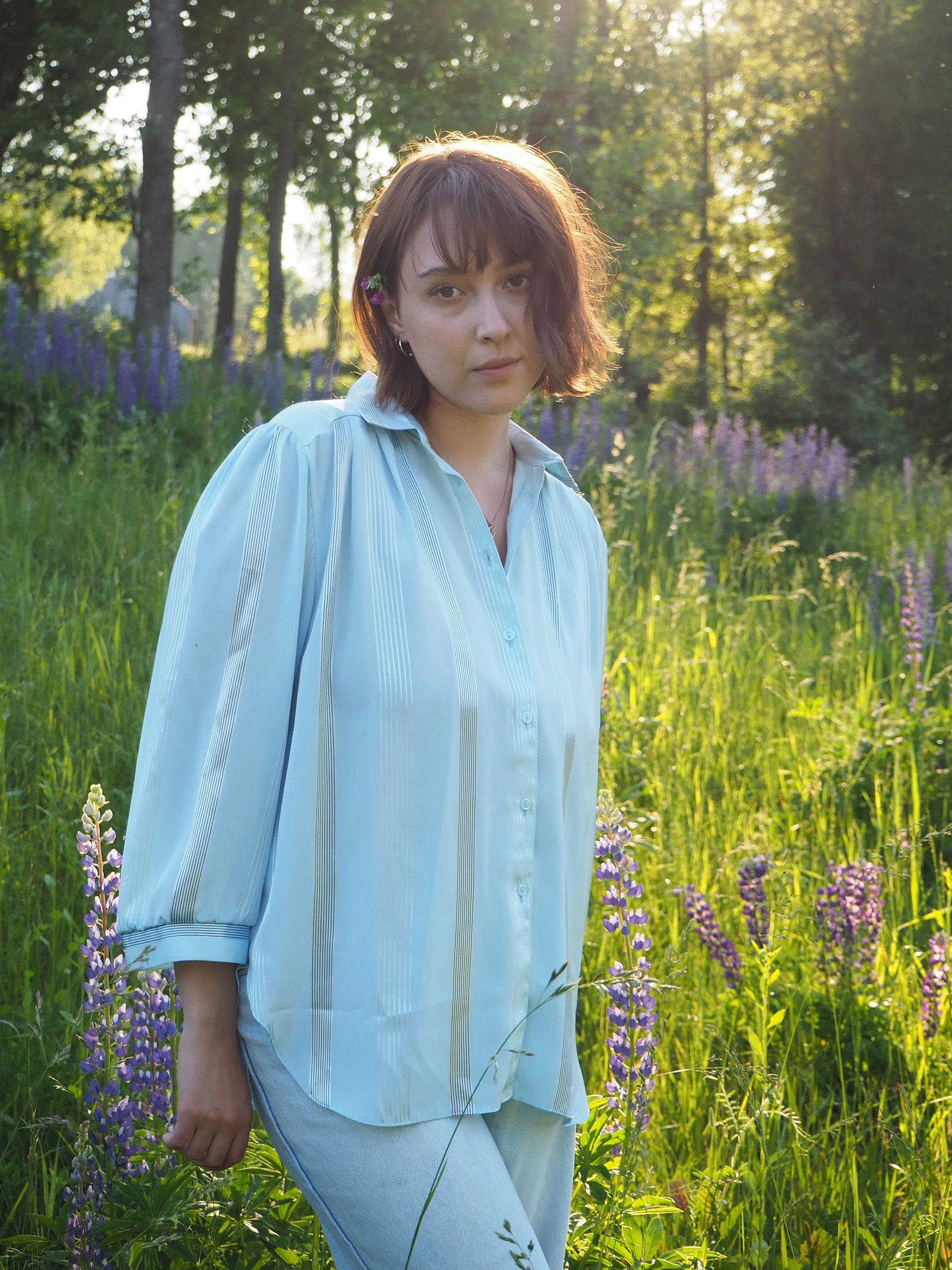 Vintage 90s blue striped print shimmer oversize blouse shirt