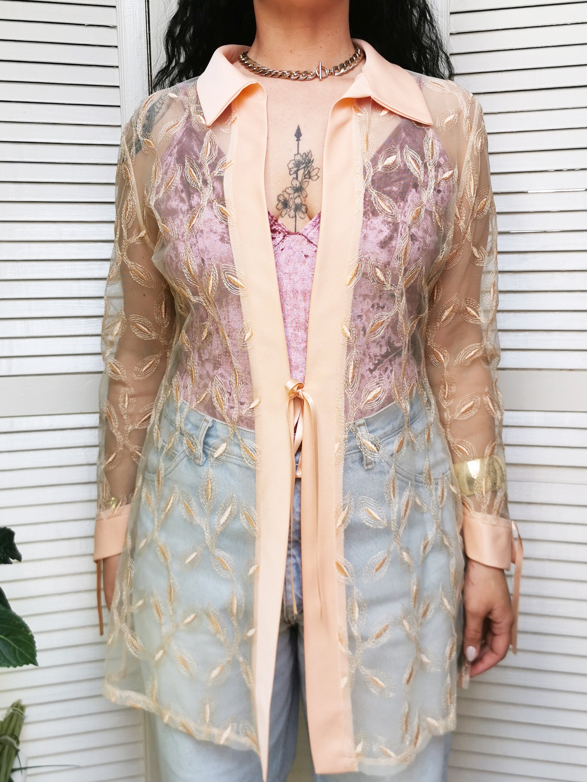 Vintage 80s embroidery long sheer tie front jacket top