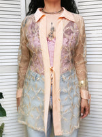 Load image into Gallery viewer, Vintage blouse, Vintage 80s embroidery long sheer tie front jacket top
