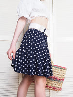 Load image into Gallery viewer, Vintage 80s navy blue polka dot belted mini skirt
