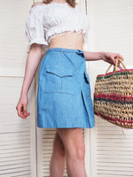 Load image into Gallery viewer, Vintage 70s blue denim-like belted mini skirt
