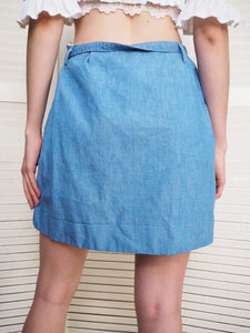 Vintage 70s blue denim-like belted mini skirt