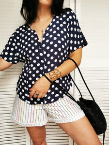 Vintage 80s navy blue polka dot summer blouse top