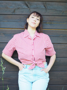 Vintage 90s Country red check tie up front blouse top