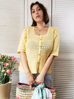 Load image into Gallery viewer, Vintage 80s handmade yellow crochet button down top blouse
