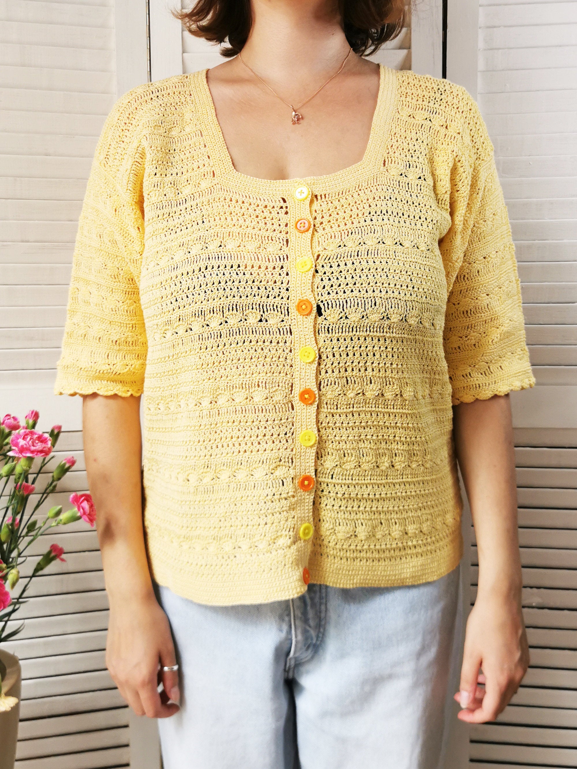 Vintage 80s handmade yellow crochet button down top blouse