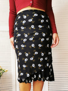 Vintage 90s black rose print midi ruffle skirt