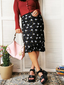 Vintage 90s black rose print midi ruffle skirt