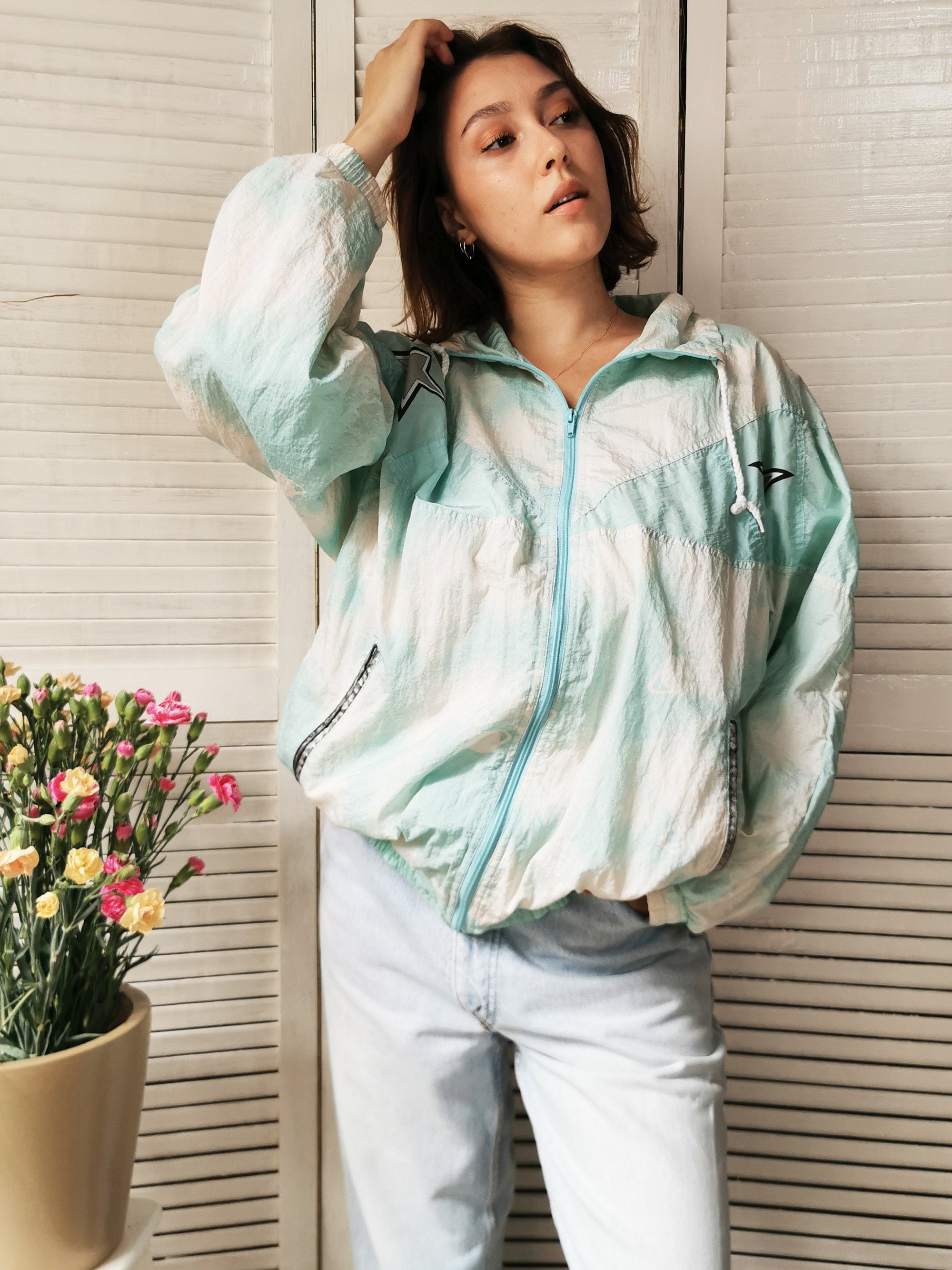 Vintage 90s pastel blue egg shell unisex bomber jacket