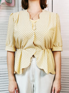 Vintage 80s polka dot pastel yellow peplum blouse top