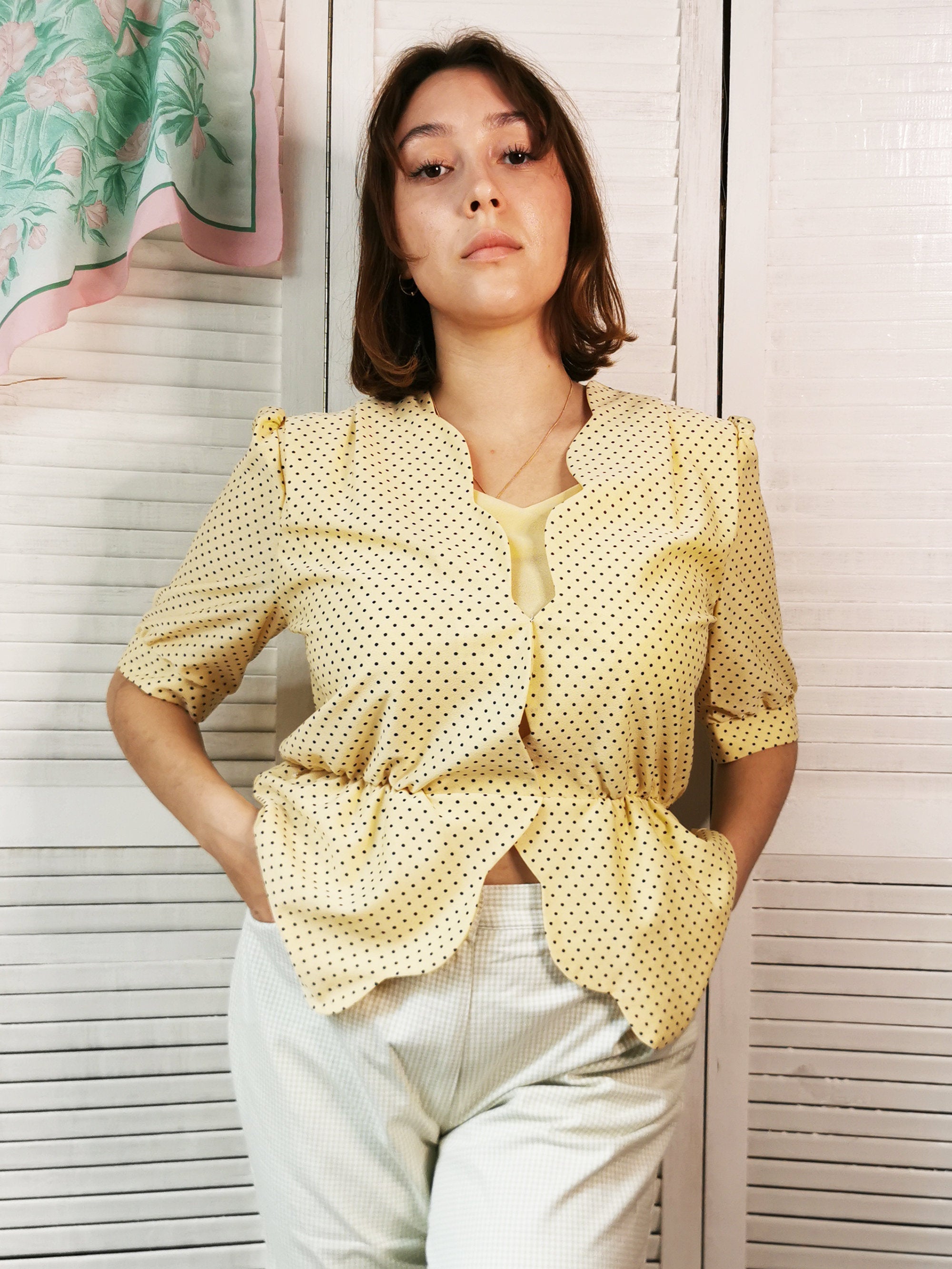 Vintage 80s polka dot pastel yellow peplum blouse top