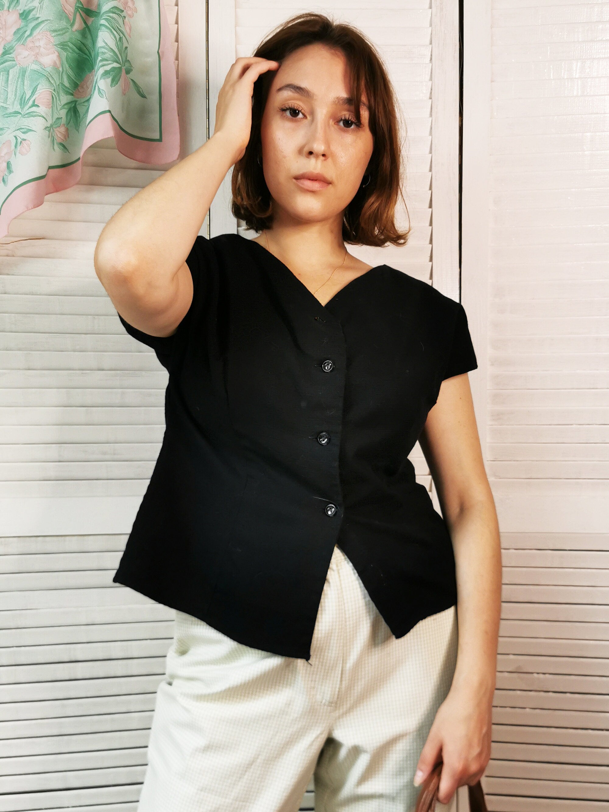 Vintage 80s minimalist black button down blouse top