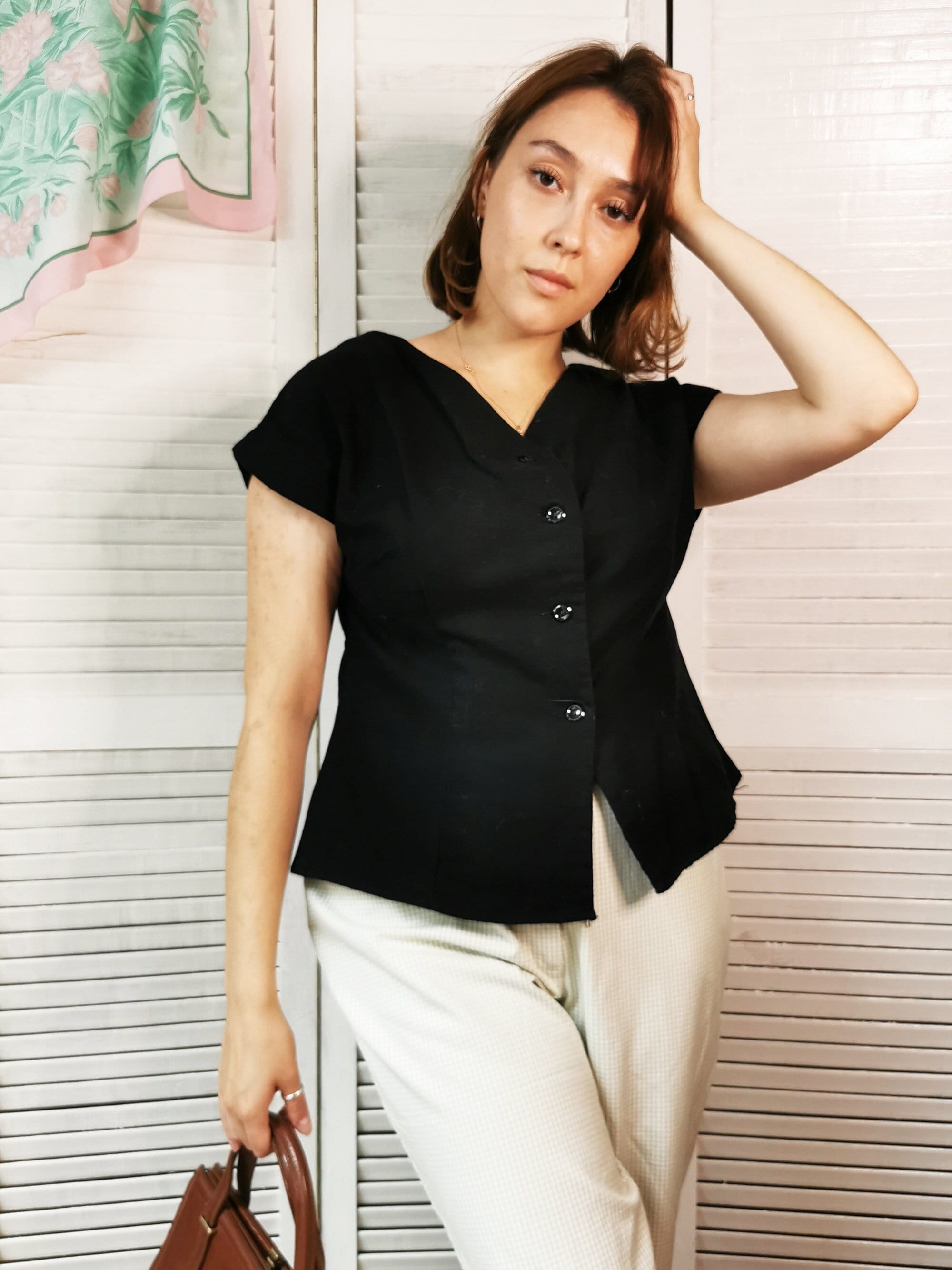 Vintage 80s minimalist black button down blouse top