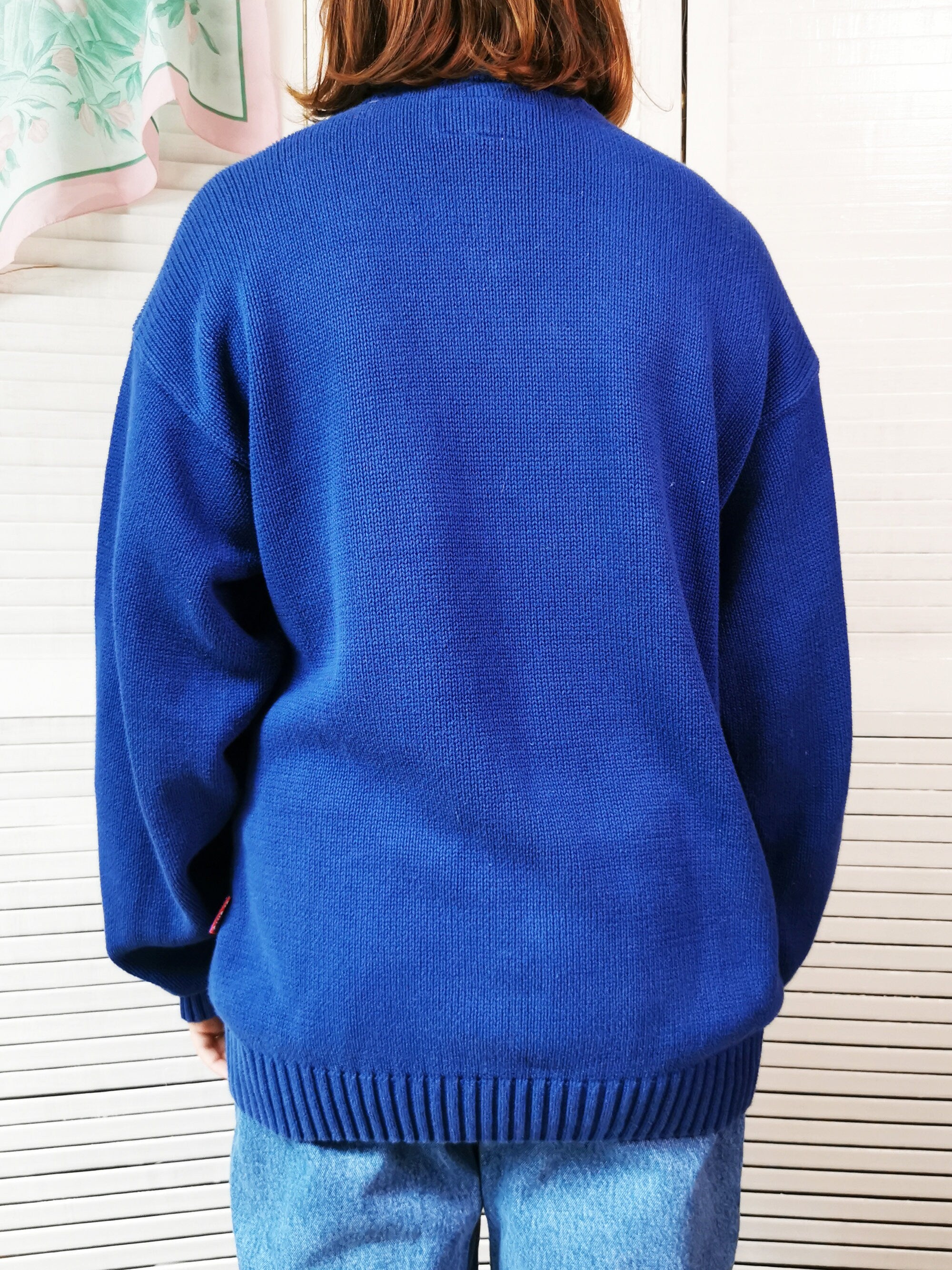 Vintage 90s 1/4 zipped knitted blue cotton unisex jumper