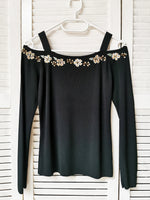 Load image into Gallery viewer, Vintage 90s black beaded cold shoulder top blouse
