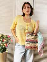 Load image into Gallery viewer, Vintage 80s handmade yellow crochet button down top blouse
